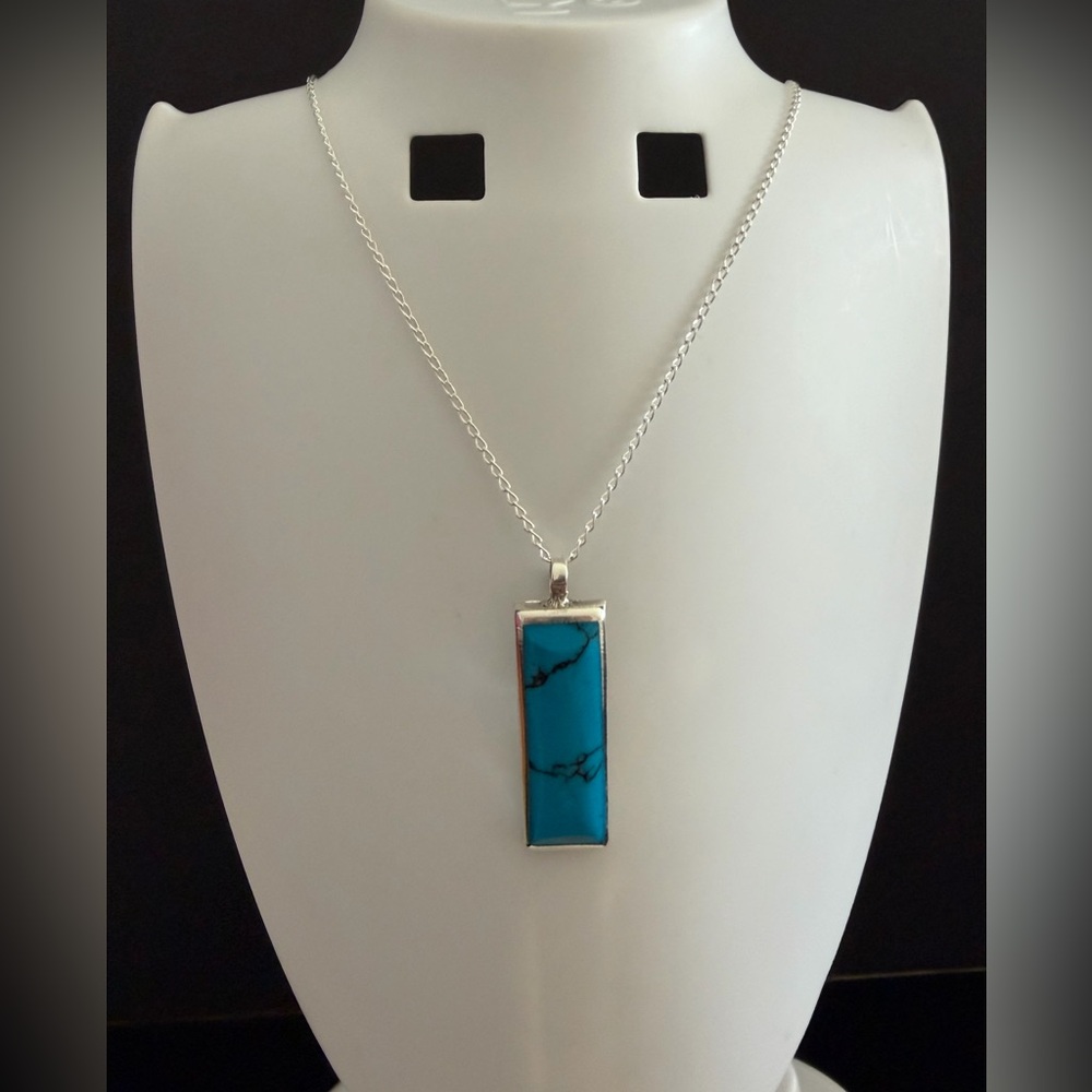 Sterling silver 925 Rectangular Pendant Necklace - Blue